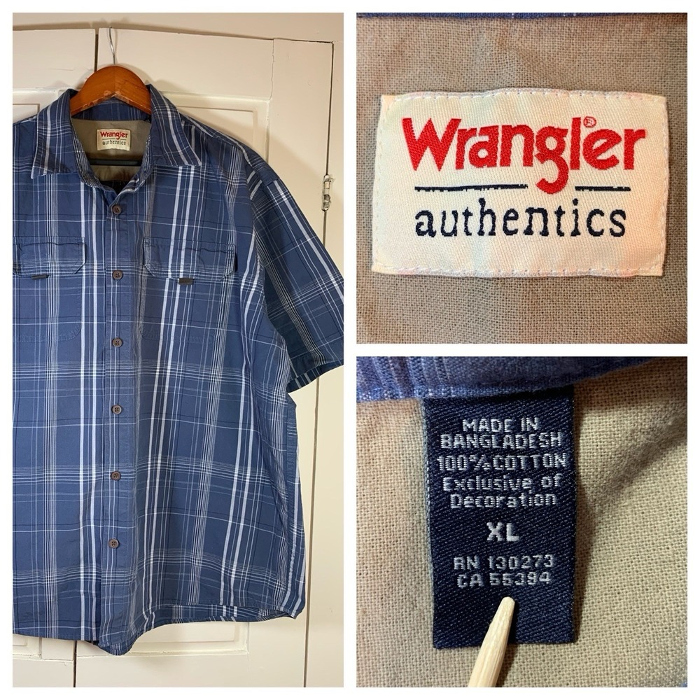 Wrangler Premium Quality Shirt Men's XL Blue Plaid Short Sleeve Button Down